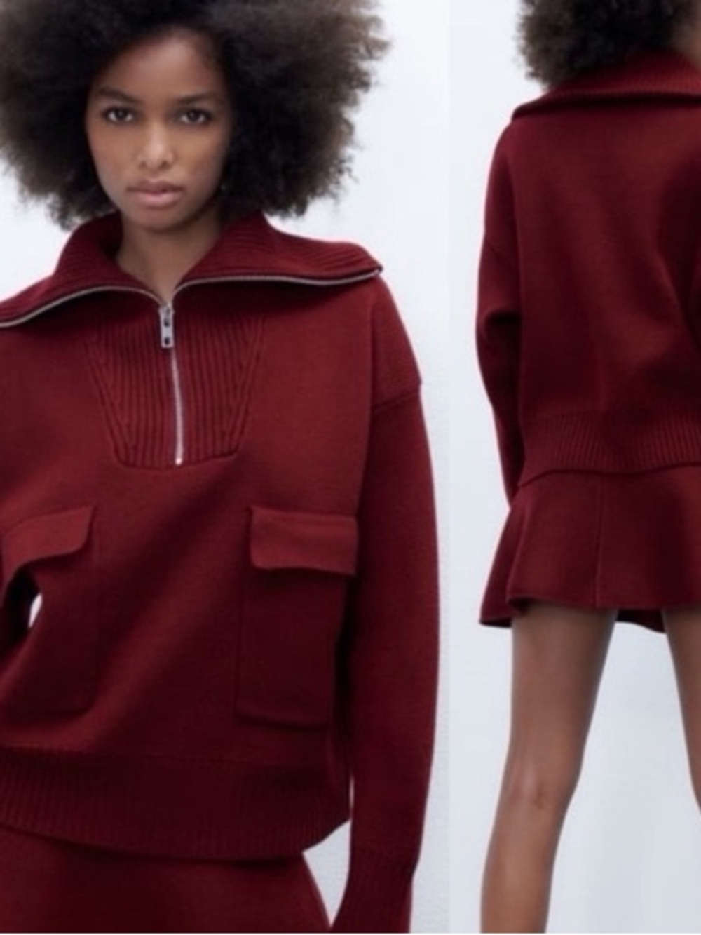 Zara Deep Red Zip-Front Funnel Neck Sweater